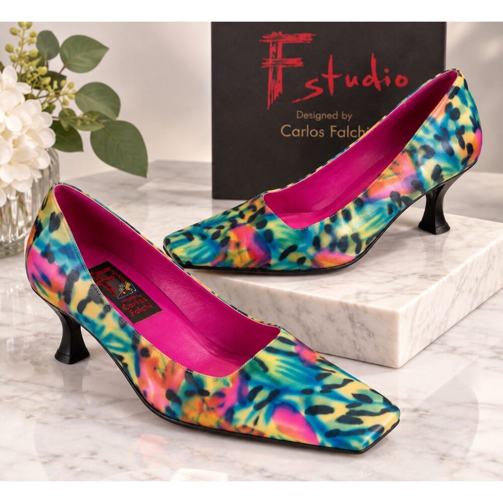 Vintage Carlos Falchi F Studio Pumps Multicolor Abstract Leather Square Toe Y2K